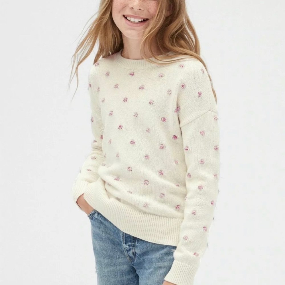 New gap kids sweater dots poms medium 8 cream pink tinsel nwt